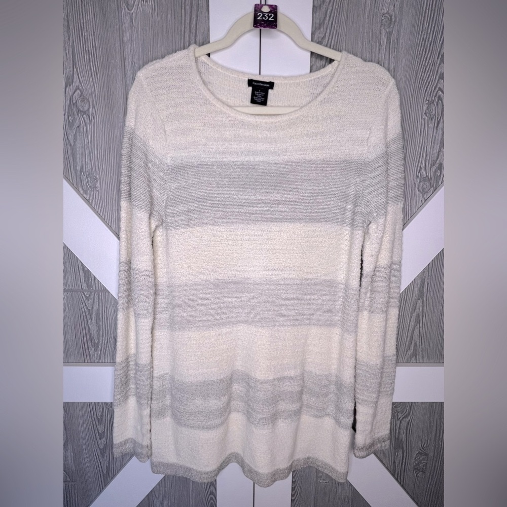 B11.18 Calvin Klein Women Ivory Navy Stripe Split Back Boat Neck Tunic Sweater L